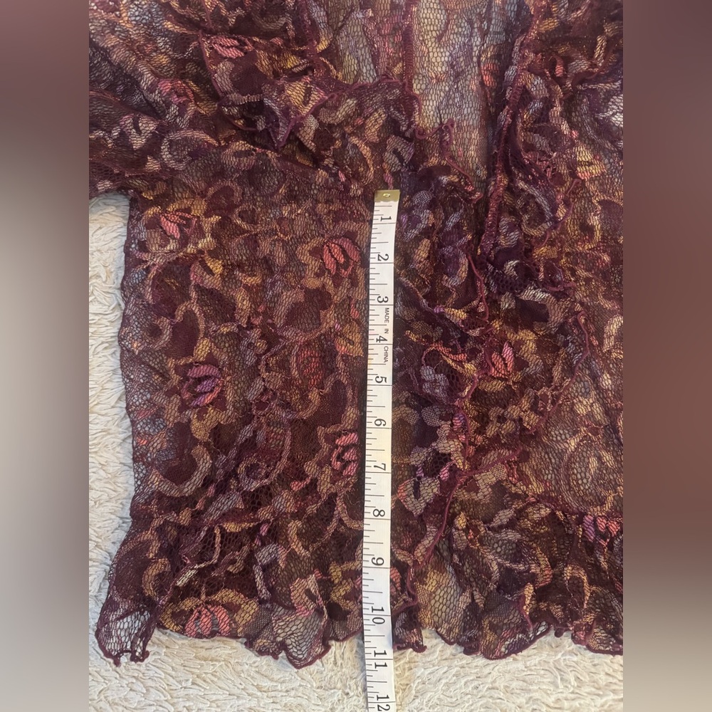 Bebe Y2K Women's Floral Sheer Lace Ruffled Blouse w/ Gold, Wine & Deep Pink Hues - Picture 15 of 16